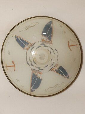 VINTAGE 1960s Nautical Lamp Shade Glass Anchor Wheel Waves